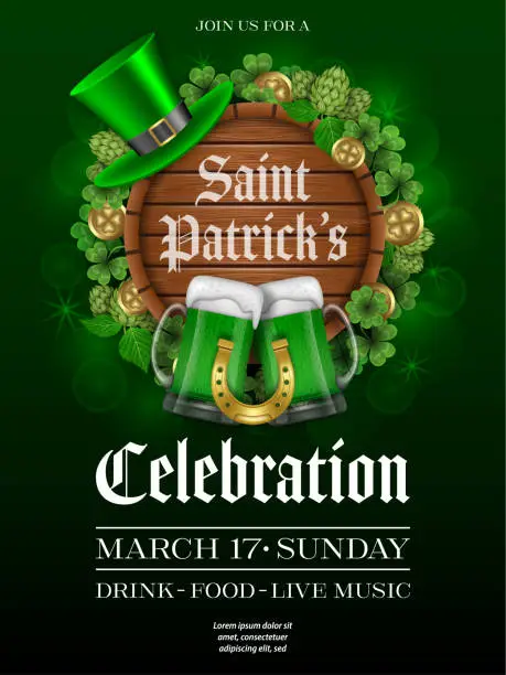 Vector illustration of saint patrick's day poster with green beers, green hat and wooden signboard. st. patrick's day background