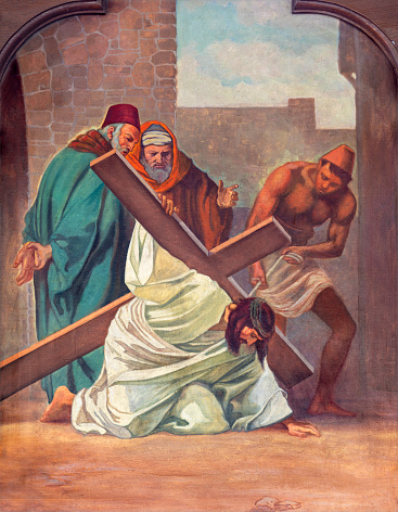 Sebechleby - The painting  Jesus fall under the cross  as part of Cross way stations in St. Michael parish church by unkonwn artist from end of 19. cent