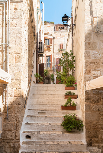Narrow streets in the historic center of the Polignano a Mare village, in province of Bari, Puglia, Italy