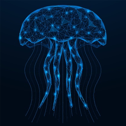 Sea jellyfish. Polygonal design of interconnected lines and dots. Blue background.