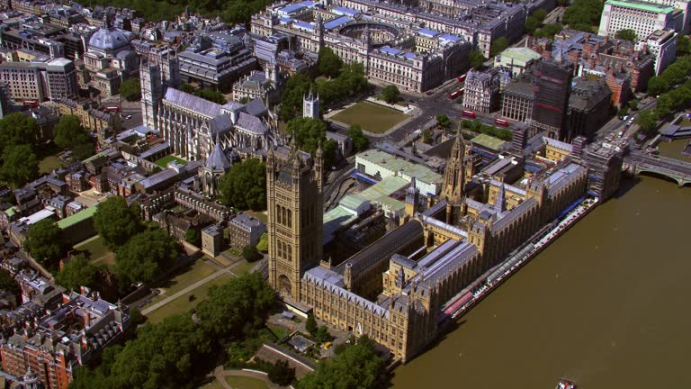 Aerial View of the Houses of Parliament, London, UK. 4K