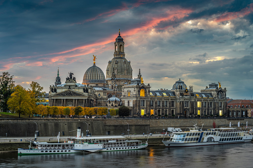 Dramatic sunset clouds over the skyline of Dresden with famous Frauenkirche. Germany - Saxony