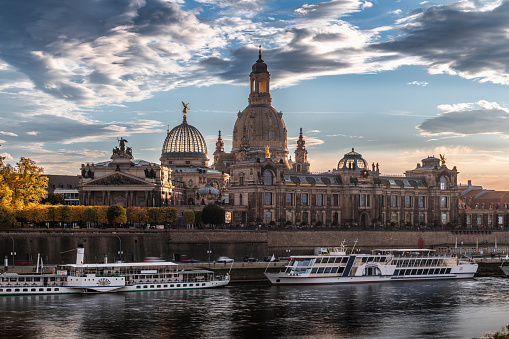 Dresdens skyline with famous Frauenkirche at sunset. Dresden in Saxony, Germany - Europe.
