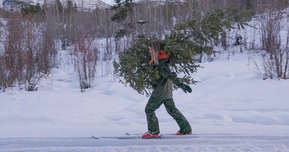 Young woman backcountry skis with Christmas tree on ski track