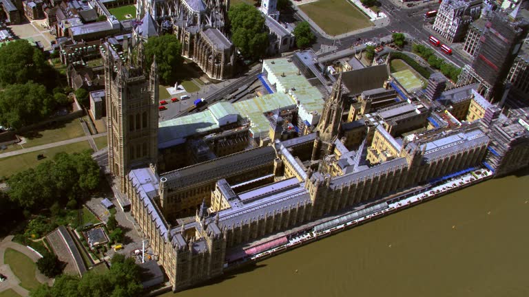 Aerial View of the Houses of Parliament, London, UK. 4K