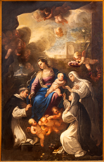 Naples - The painting of Madonna presenting the Rosary to st. Dominic in the church Basilica di Santa Maria della Sanita by Giovanni Balducci (1560 – 1631).