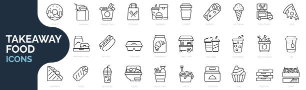 ilustraciones, imágenes clip art, dibujos animados e iconos de stock de conjunto de iconos de línea relacionados con comida para llevar, comida chatarra, comida rápida, pie para llevar, comida callejera. colección de iconos de esquema. trazo editable. ilustración vectorial - comida para llevar