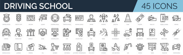 sada 45 obrysových ikon souvisejících s autoškolou. kolekce lineárních ikon. upravitelný tah. vektorové ilustrace - řízení auta přesun motorového vozidla stock ilustrace