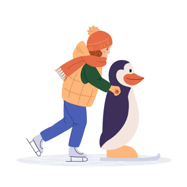 Vector illustration of Kid ice skating with skating helper penguin. Child skates training aid. Winter season sport activity for kids. Young girl in outdoor holiday, weekend on ice rink. Flat isolated vector illustration