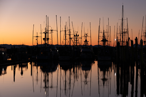 Silhoutte of Fishing Boats in harbor at Ilwaco WA waterfront