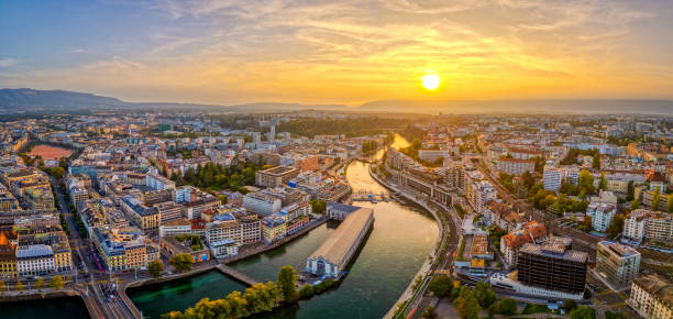Geneva, Switzerland at Sunset from Above