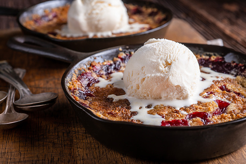 Skillet Cherry Cobbler with Vanilla Ice Cream