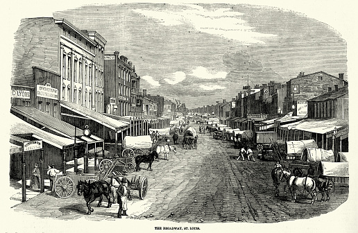 Vintage illustration The Broadway, St. Louis, Missouri, Coverwats, Stores, Victorian 1850s, 19th Century