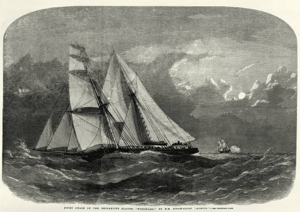 Anti slavery patrol, British Royal Navy warship HMS Alecto, intercepting the Slave ship Windward off the West Coast of Africa, Victorian 1850s, 19th Century vector art illustration