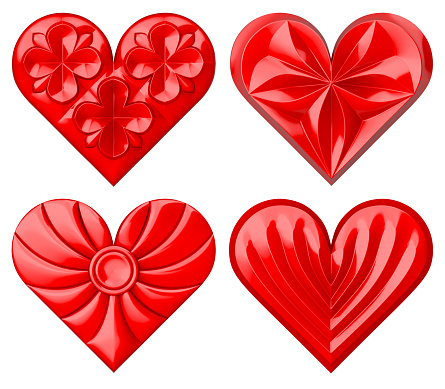 Glossy red set heart shape, isolated on white. 3d illustrations set