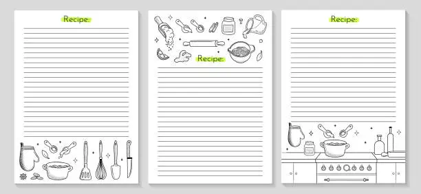 Vector illustration of Cooking recipe 3 posters with Kitchen utensils outline icon. Empty cookbook pages for homemade baking.