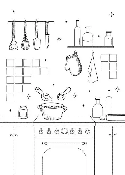 Vector illustration of Vertical outline illustration of home kitchen. Kitchen utensils, cooking process on stove, shelves.