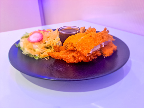 Delicious Chessy Chicken Katsu BBQ With Barbecue Sauce, Potato Wedges And Vegetable Pickled. Food Menu
