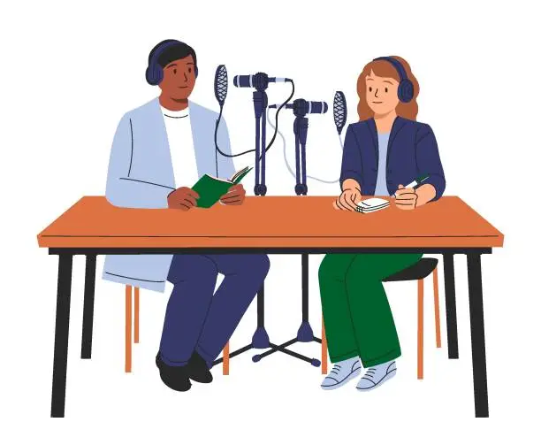 Vector illustration of People recording podcast. Man and woman in headphones talking and interviewing for radio broadcast.