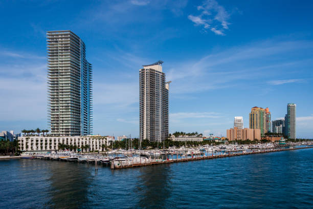 Miami beach cityscape. Miami summer aerial view. Miami Beach shoreline. South Beach Miami aerial view. Blue ocean in Florida skyline. Miamis cityscape. Ocean coast. Summer vacation in America