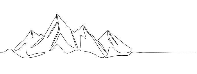Continuous linear drawing of abstract landscape on a mountain range background. High mountains and  in a simple linear style.  Winter sports concept.   Vector illustration