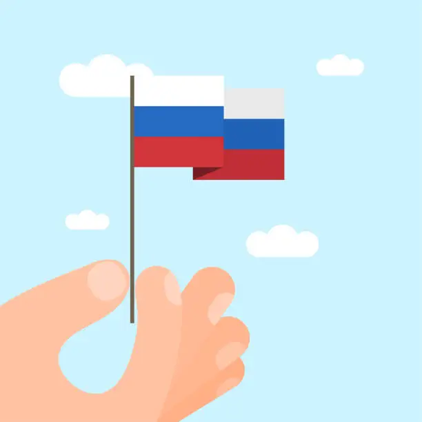 Vector illustration of An illustration of a hand-held Russian national flag. This minimalist style vector illustration is suitable for use on websites, web banners, posters, mailing templates, and social media.