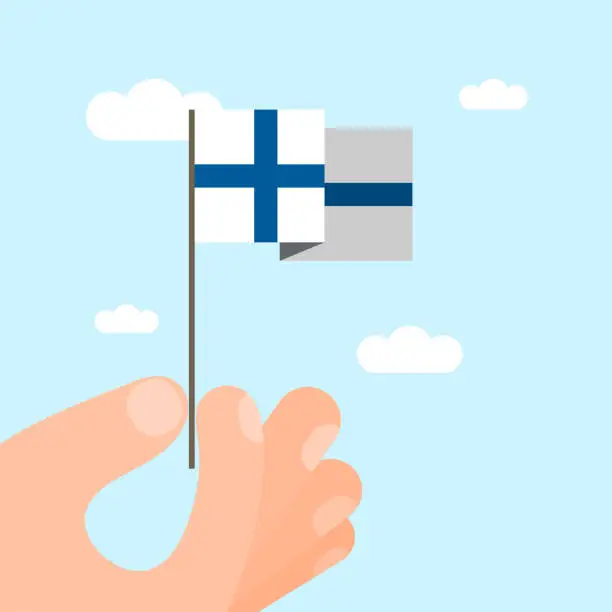 Vector illustration of An illustration of a hand-held Finnish national flag. This minimalist style vector illustration is suitable for use on websites, web banners, posters, mailing templates, and social media.