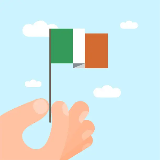 Vector illustration of An illustration of a hand-held Irish national flag. This minimalist style vector illustration is suitable for use on websites, web banners, posters, mailing templates, and social media.