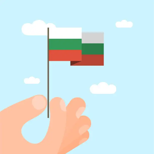 Vector illustration of An illustration of a hand-held Bulgarian national flag. This minimalist style vector illustration is suitable for use on websites, web banners, posters, mailing templates, and social media.