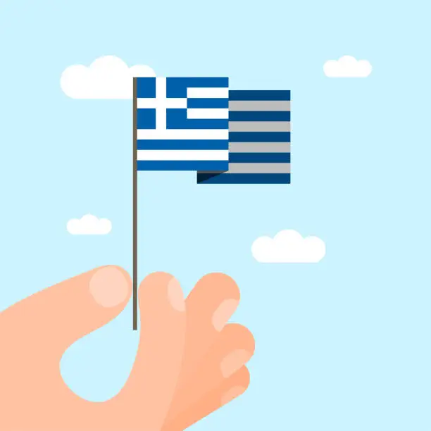 Vector illustration of An illustration of a hand-held Greek national flag. This minimalist style vector illustration is suitable for use on websites, web banners, posters, mailing templates, and social media.