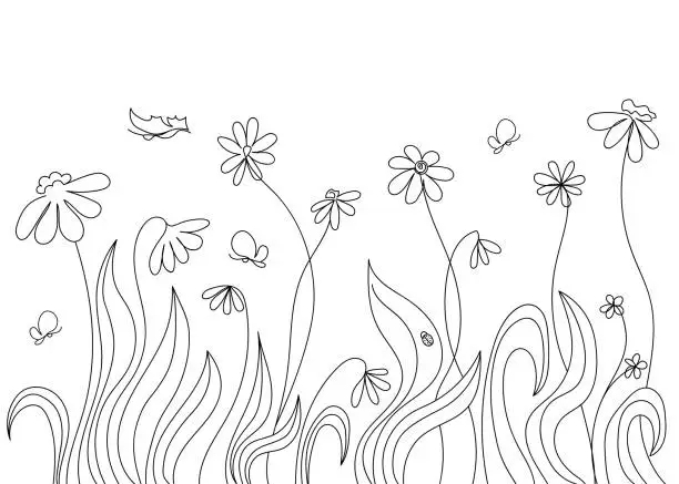 Vector illustration of Abstract meadow of wild flowers and butterflyes, ladybug doodle art. Botanical sketch. Creative vector illustration for coloring book in minimalist style.