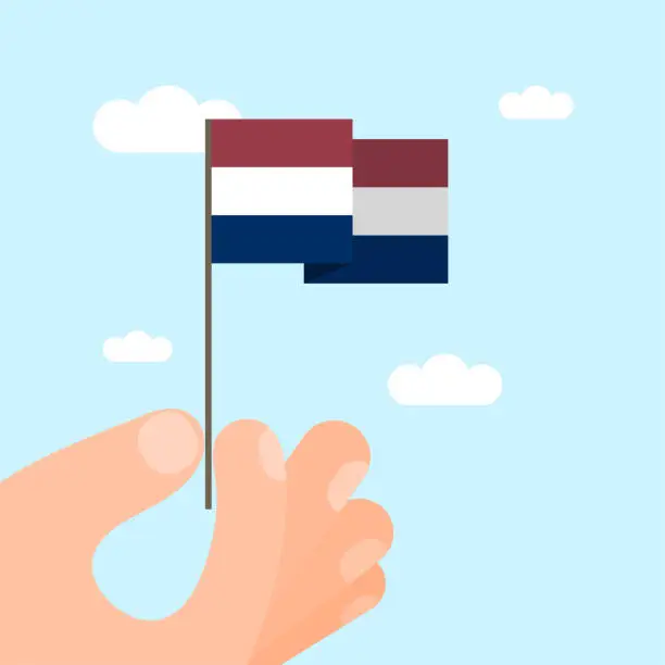 Vector illustration of An illustration of a hand-held Dutch national flag. This minimalist style vector illustration is suitable for use on websites, web banners, posters, mailing templates, and social media.