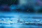 Raindrop falls in puddle. Rain. Splashes of water