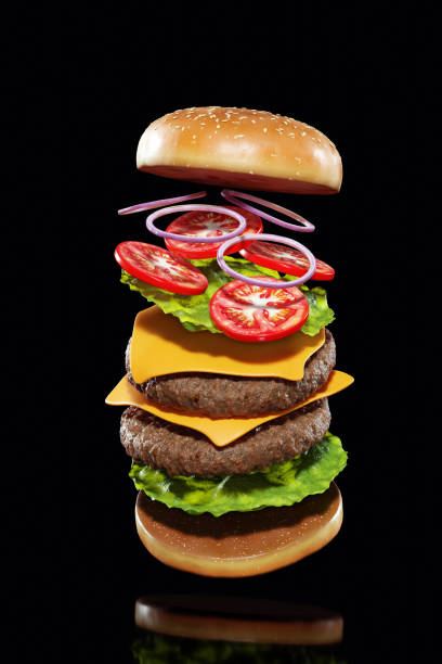 istock Flying hamburger with meat, cheese, tomato, lettuce and onions on dark background. 3D render of flying cheese burger. 1910465098