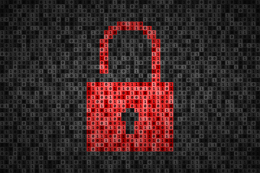 Red unlocked padlock silhouette made from 0 and 1 symbols of binary code. Concept of unprotected digital data, database hacking, digital information security and cybersecurity