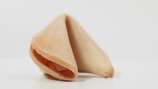 Fortune cookies rotate on a white background.