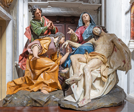 Genova - The carved polychrome sculptural group of Pieta in the church Chiesa di san Filippo Neri by Anton Maria Maragliano (1664 - 1739).