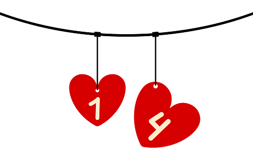 Hearts hanging on a rope. Holiday February 14th. Valentine's Day. Colored silhouette. Horizontal front view. Vector simple flat graphic illustration. Isolated object on a white background. Isolate.