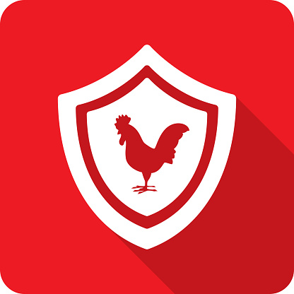 Vector illustration of a shield with rooster icon against a red background in flat style.