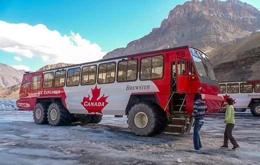 Alberta, Canada. Jan 4, 2023. Athabasca Glacier and Columbia Icefield Terra Bus all-terrain mobility to transport up to 56 passengers.