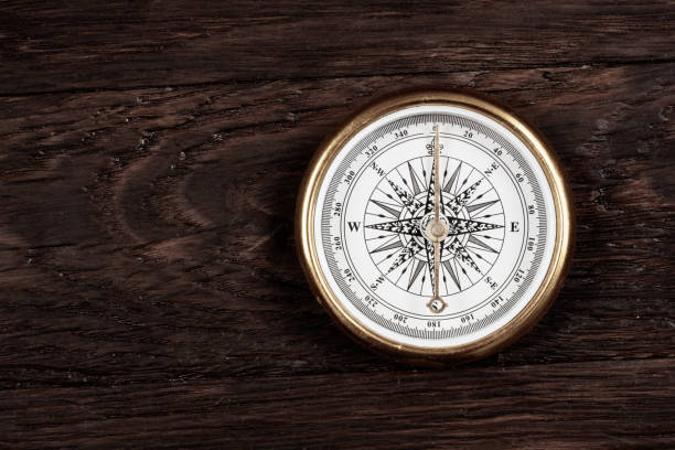 istock Vintage retro compass on wooden background 1910630836