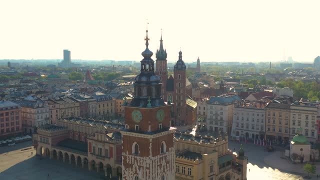 Aerial view of Krakow Old Town and Saint Mary's Basilica on spring morning