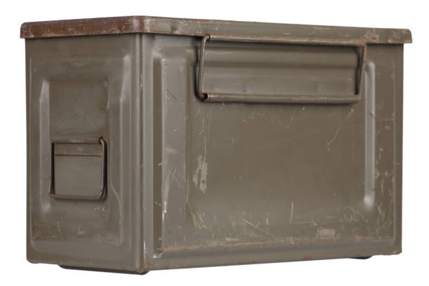 US army green metal .50 cal ammo can on white background.