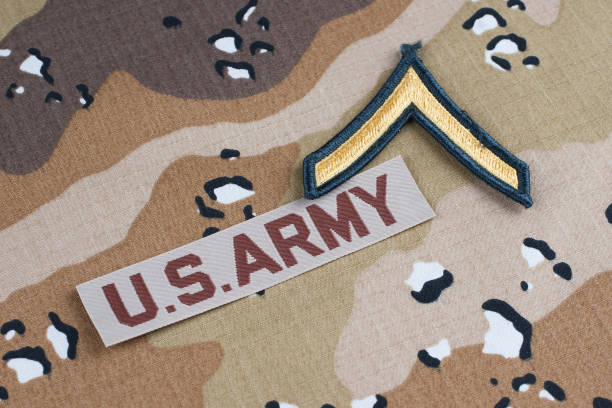 istock US ARMY branch tape and private rank patch on desert camouflage uniform background 1910639005