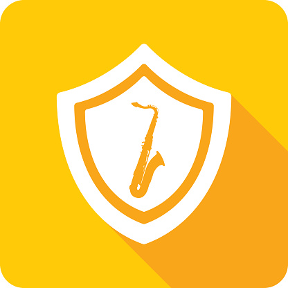 Vector illustration of a shield with saxophone icon against a yellow background in flat style.