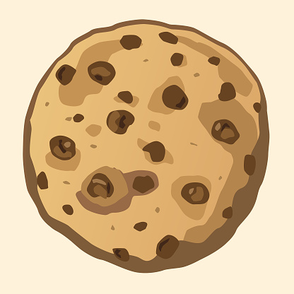 Vector illustration of a delicious chocolate chip cookie on a light cream colored background.