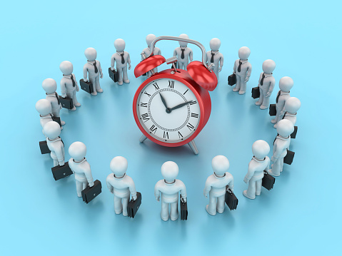 3D Clock with Cartoon Teamwork People - Color Background - 3D Rendering