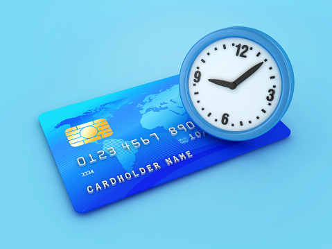 3D Clock with Credit Card - Color Background - 3D Rendering