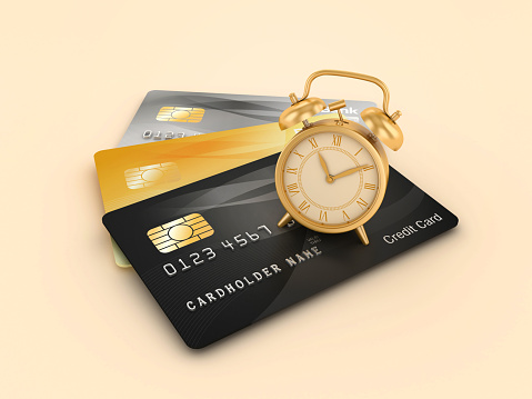 3D Clock with Credit Cards - Color Background - 3D Rendering