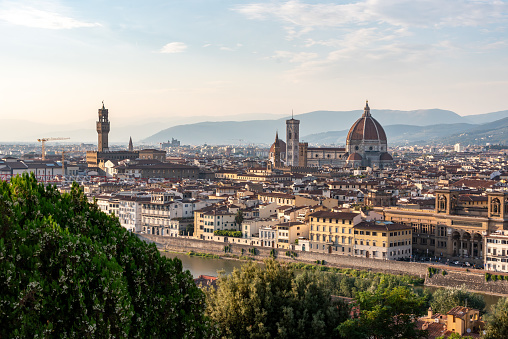 Skyline of downtown Florence during sunset, seen from the famous Piazzale Michelangelo, Italy